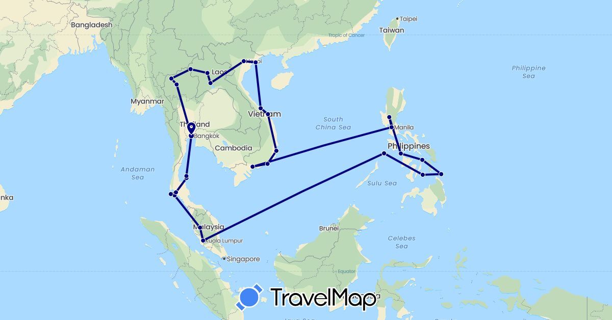 TravelMap itinerary: driving in Laos, Malaysia, Philippines, Thailand, Vietnam (Asia)