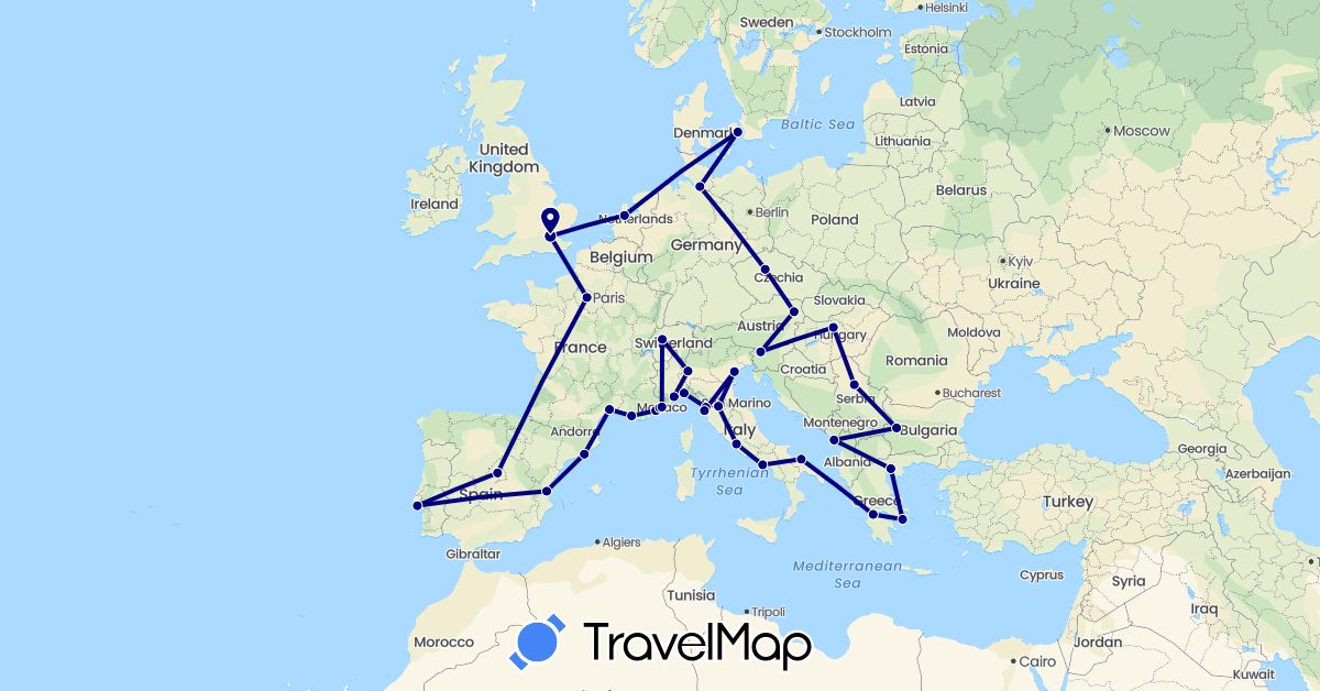 TravelMap itinerary: driving in Austria, Bulgaria, Switzerland, Czech Republic, Germany, Denmark, Spain, France, United Kingdom, Greece, Hungary, Italy, Monaco, Montenegro, Netherlands, Portugal, Serbia, Slovenia (Europe)